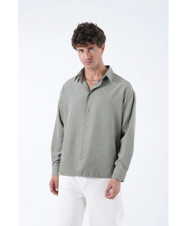 Erkek Owersize Çizgili Pamuklu Gömlek- Yeşil