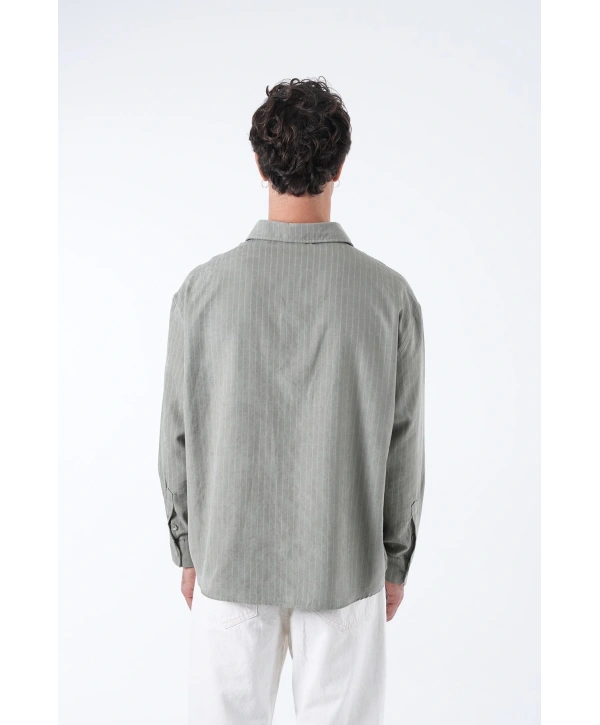 Erkek Owersize Çizgili Pamuklu Gömlek- Yeşil