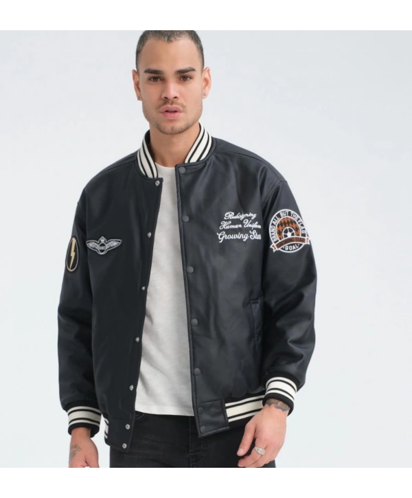 Erkek Owersıze Deri Kolej Mont - Siyah