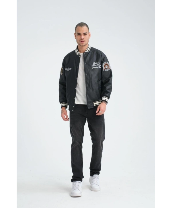 Erkek Owersıze Deri Kolej Mont - Siyah