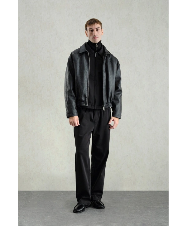 Erkek Owersize Deri Mont -Siyah