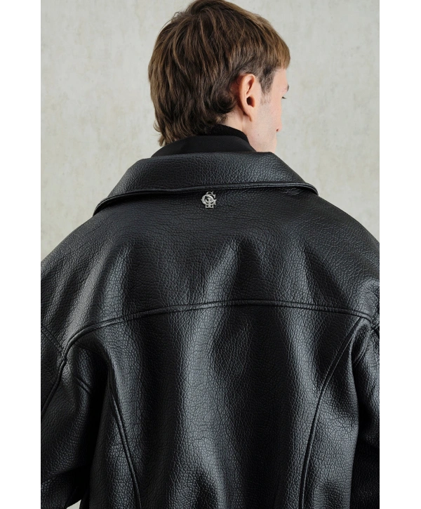 Erkek Owersize Deri Mont -Siyah