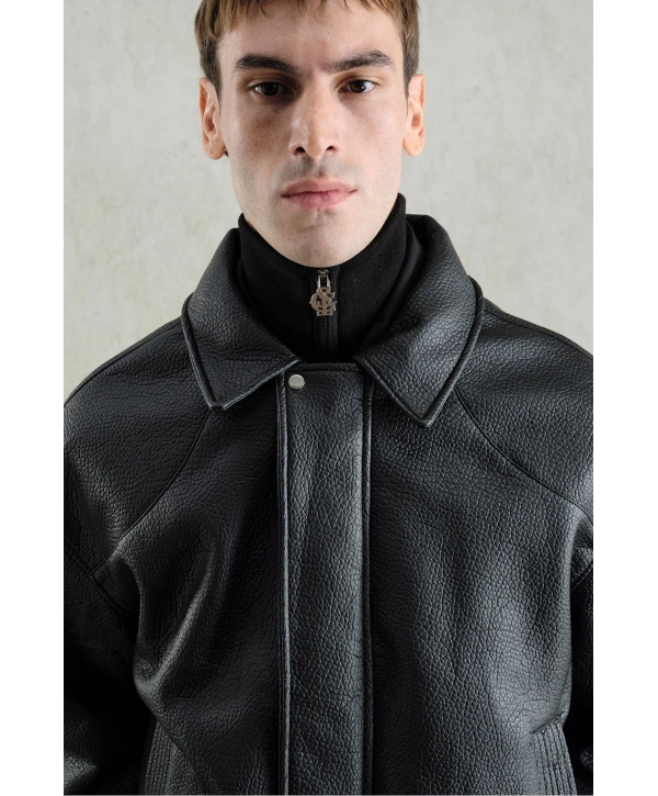 Erkek Owersize Deri Mont -Siyah
