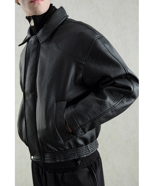 Erkek Owersize Deri Mont -Siyah