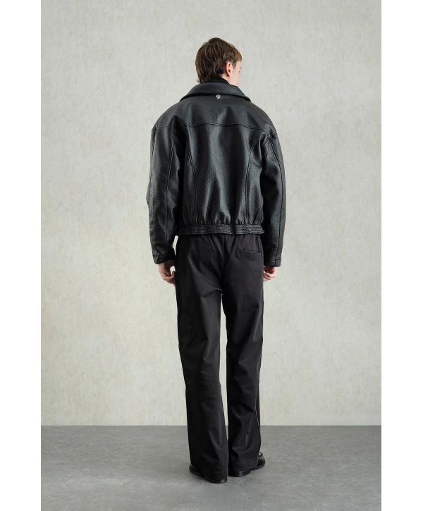 Erkek Owersize Deri Mont -Siyah