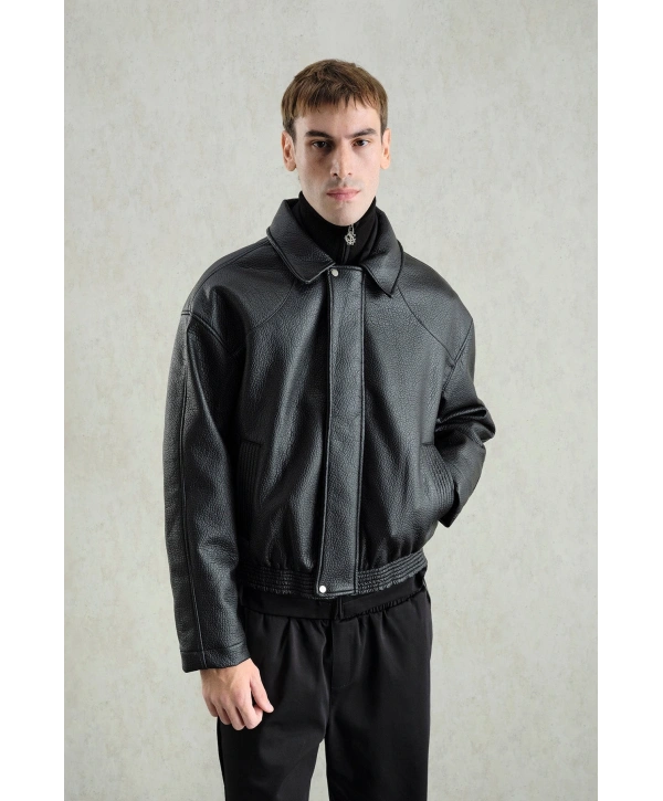 Erkek Owersize Deri Mont -Siyah