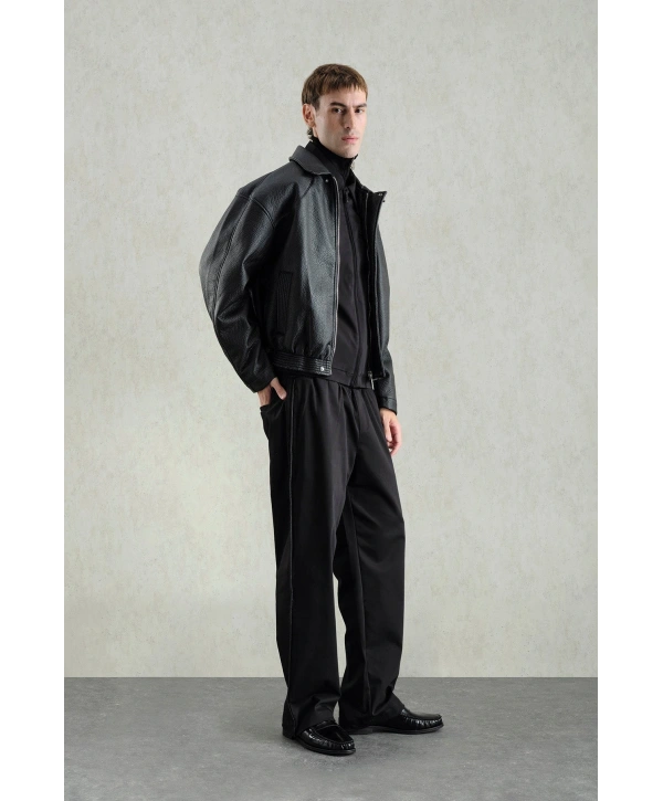 Erkek Owersize Deri Mont -Siyah