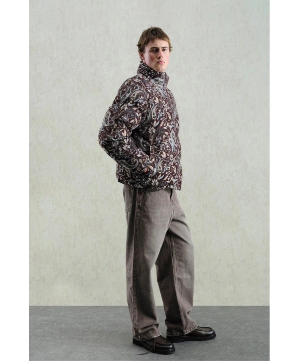 Erkek Owersize Desenli Kadife Mont-Kahve