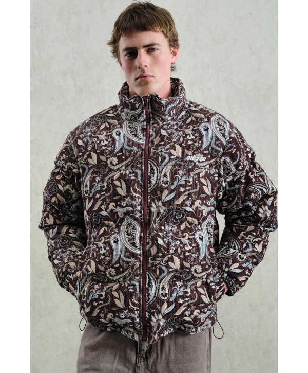Erkek Owersize Desenli Kadife Mont-Kahve