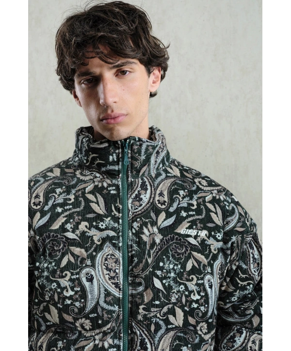 Erkek Owersize Desenli Kadife Mont-Yeşil