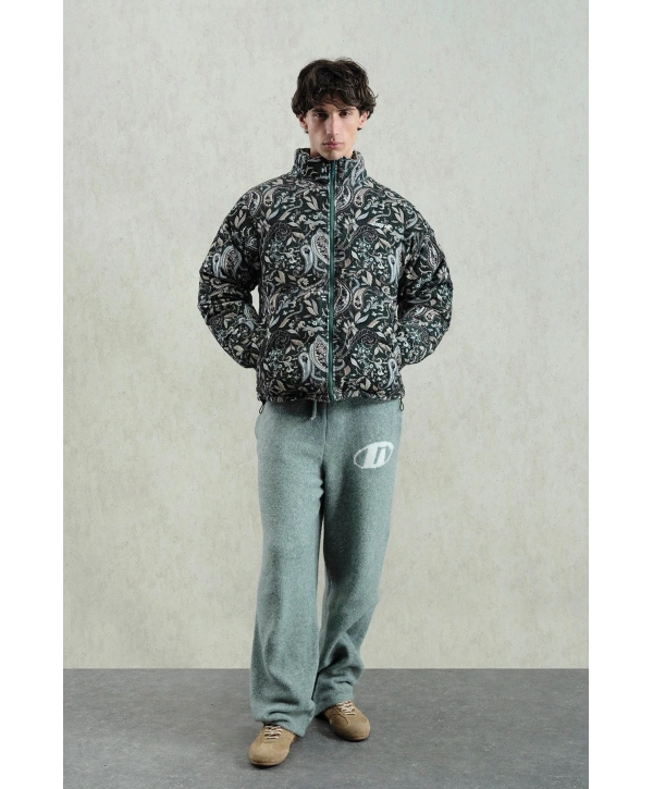 Erkek Owersize Desenli Kadife Mont-Yeşil