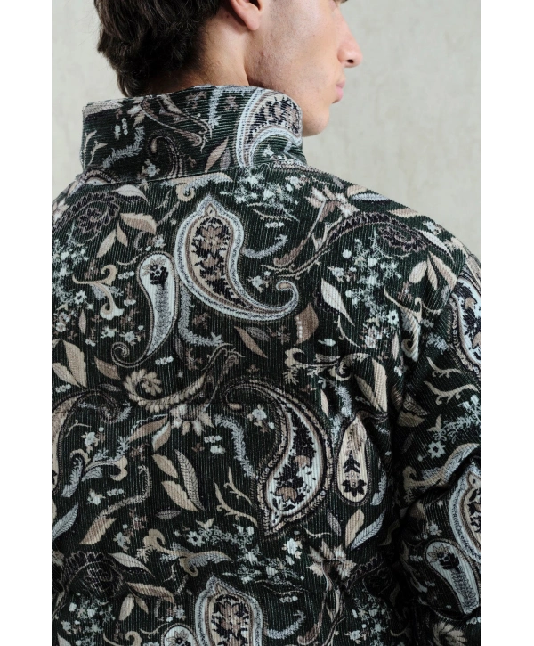 Erkek Owersize Desenli Kadife Mont-Yeşil
