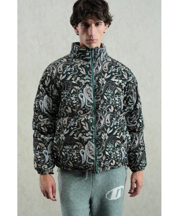 Erkek Owersize Desenli Kadife Mont-Yeşil