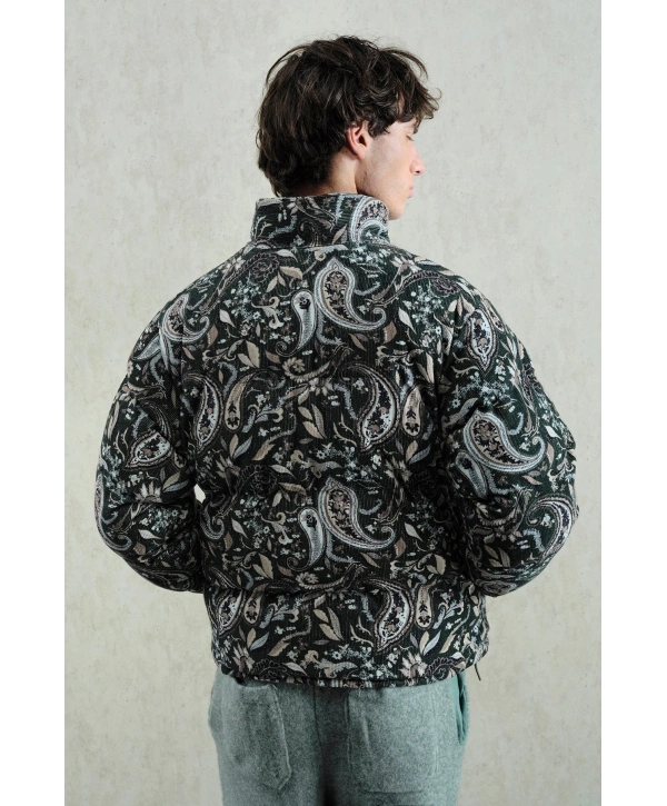 Erkek Owersize Desenli Kadife Mont-Yeşil