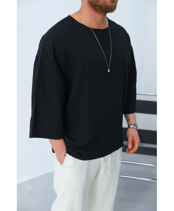 Erkek Owersize Fakir Kol Gömlek- Siyah