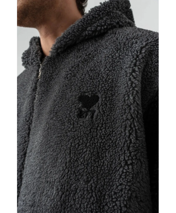 Erkek Owersıze Fermuarlı Kapüşonlu Peluş Mont -Siyah