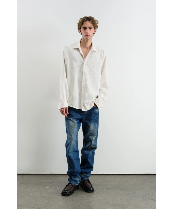 Erkek Owersıze Fitilli Kadife Gömlek -Beyaz