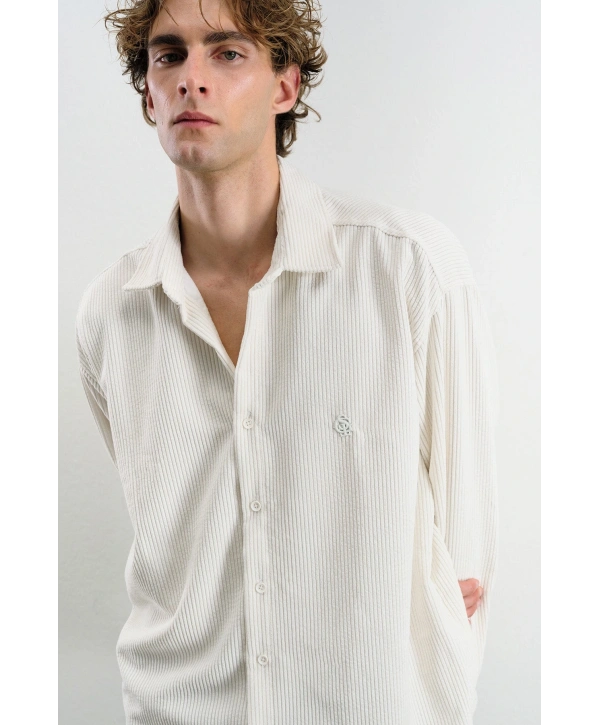 Erkek Owersıze Fitilli Kadife Gömlek -Beyaz