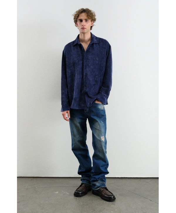 Erkek Owersıze Fitilli Kadife Gömlek -Lacivert