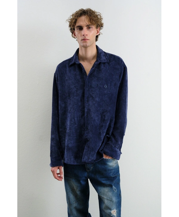 Erkek Owersıze Fitilli Kadife Gömlek -Lacivert