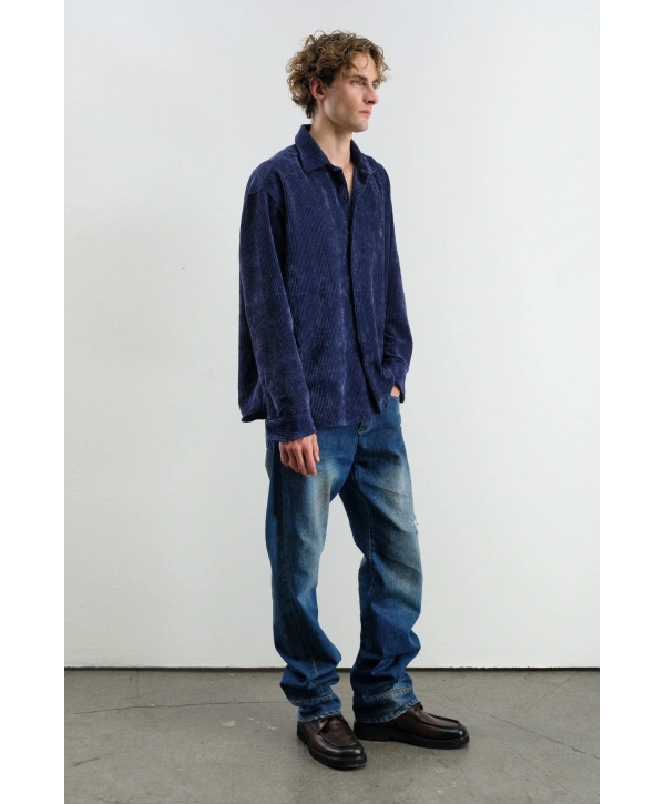 Erkek Owersıze Fitilli Kadife Gömlek -Lacivert