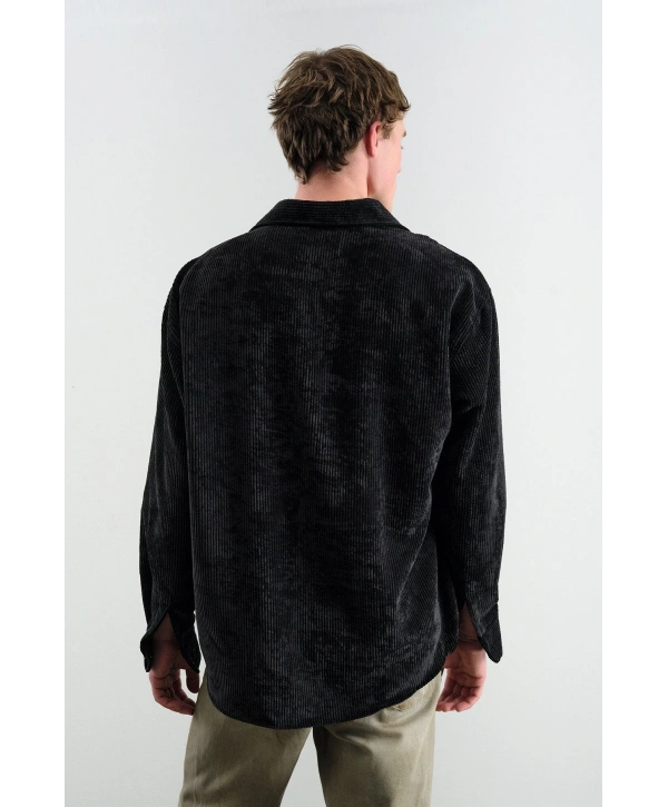 Erkek Owersıze Fitilli Kadife Gömlek -Siyah