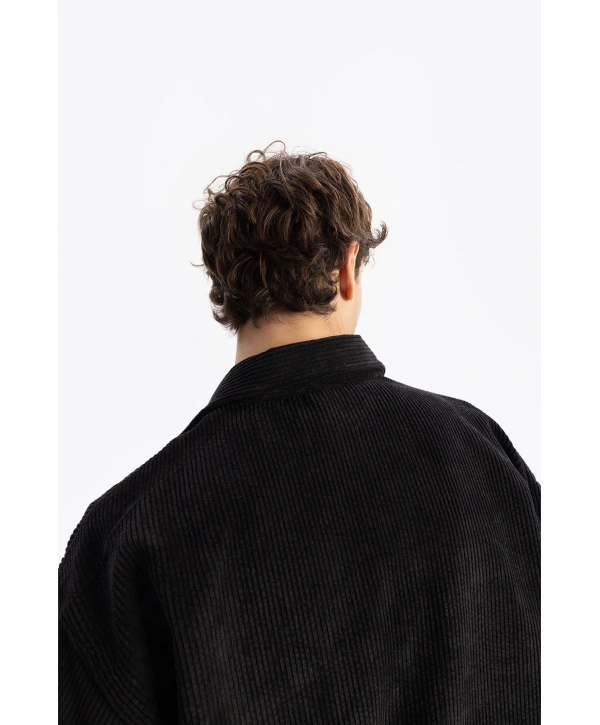 Erkek Owersıze Fitilli Kadife Gömlek -Siyah