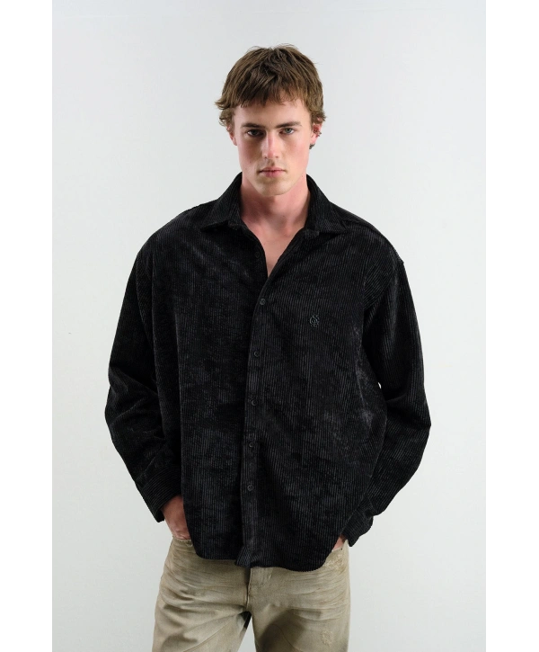Erkek Owersıze Fitilli Kadife Gömlek -Siyah