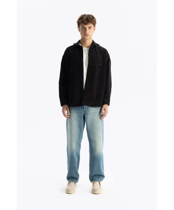 Erkek Owersıze Fitilli Kadife Gömlek -Siyah