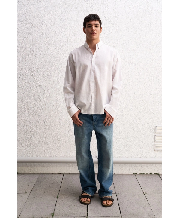 Erkek Owersize Fresh Keten Gömlek- Beyaz