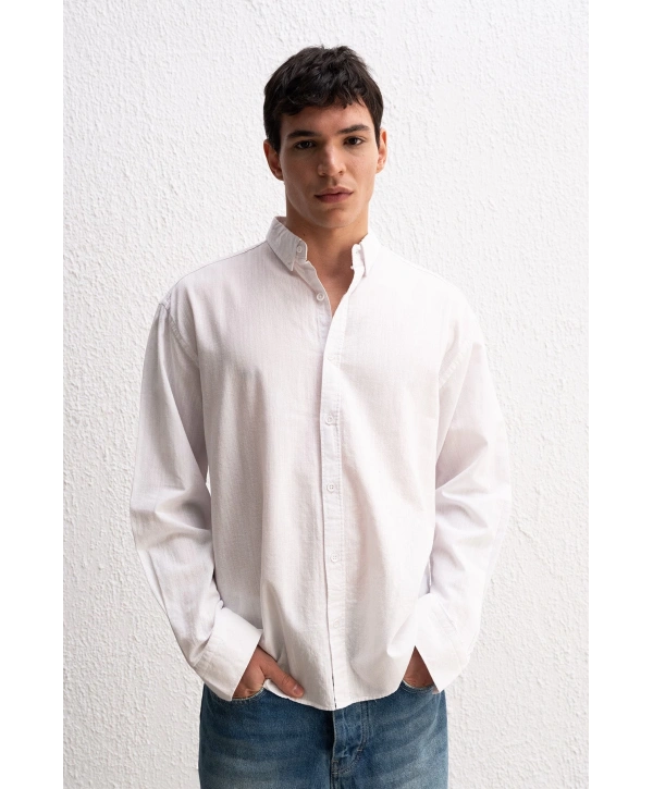 Erkek Owersize Fresh Keten Gömlek- Beyaz