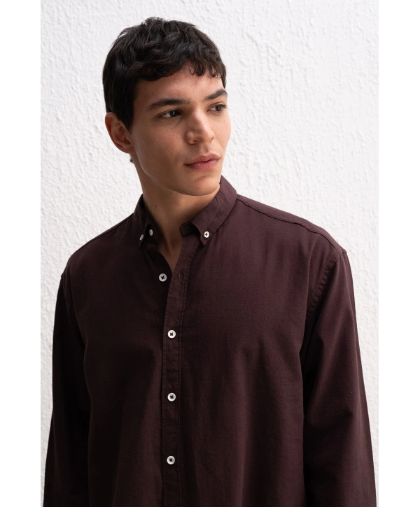 Erkek Owersize Fresh Keten Gömlek- Kahverengi