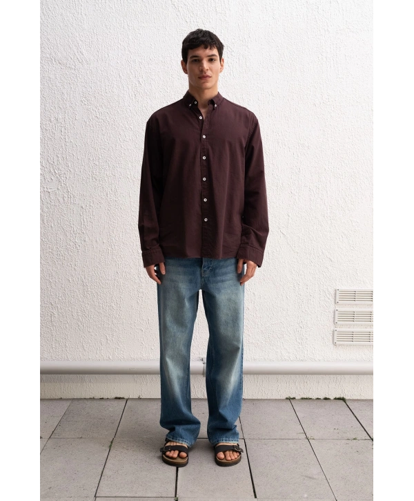 Erkek Owersize Fresh Keten Gömlek- Kahverengi