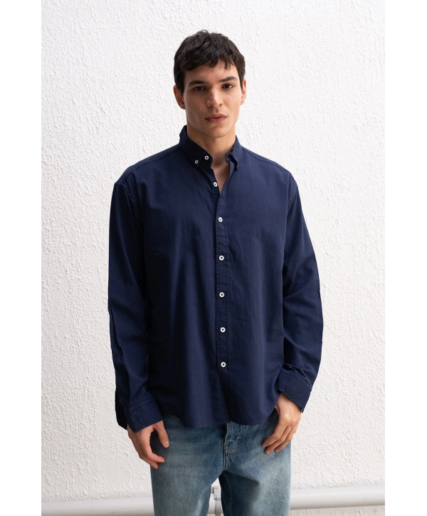 Erkek Owersize Fresh Keten Gömlek- Lacivert