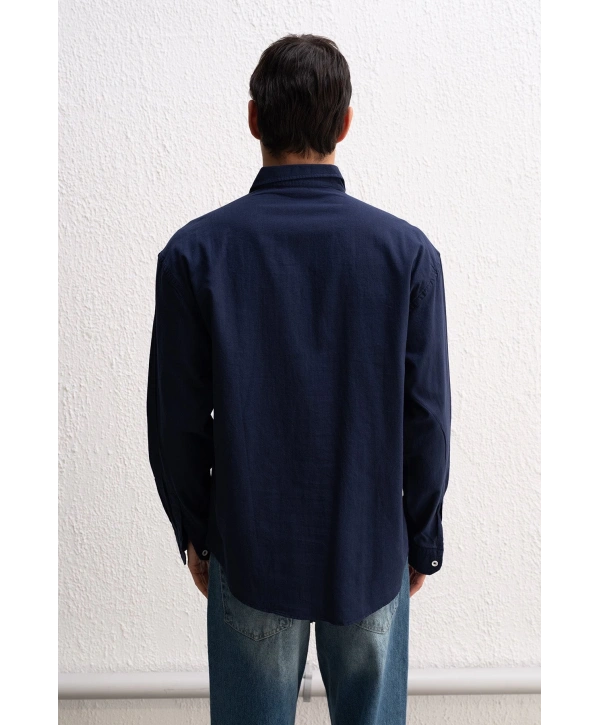 Erkek Owersize Fresh Keten Gömlek- Lacivert