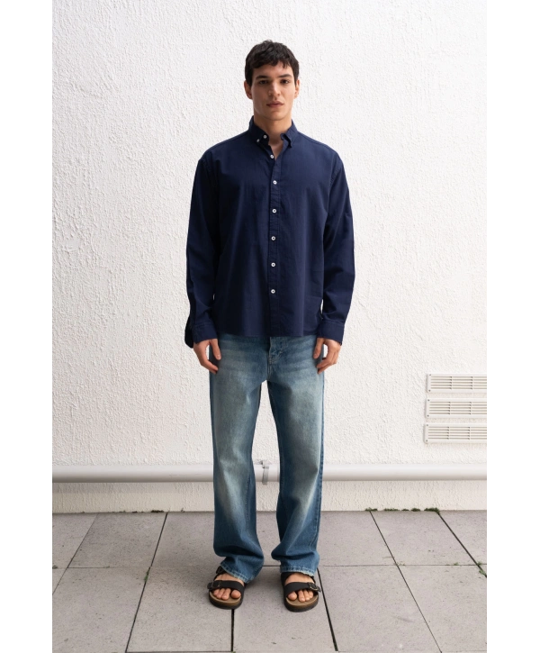 Erkek Owersize Fresh Keten Gömlek- Lacivert