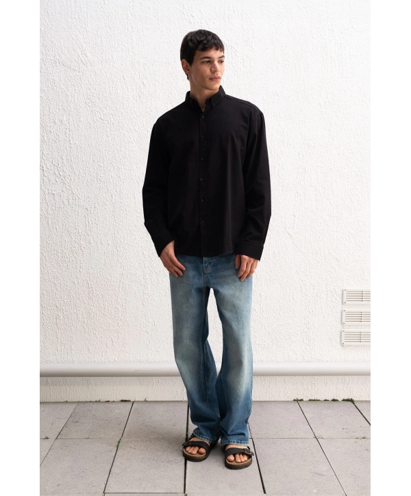 Erkek Owersize Fresh Keten Gömlek- Siyah