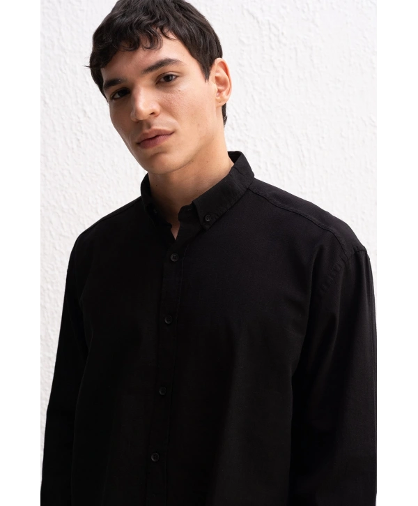 Erkek Owersize Fresh Keten Gömlek- Siyah