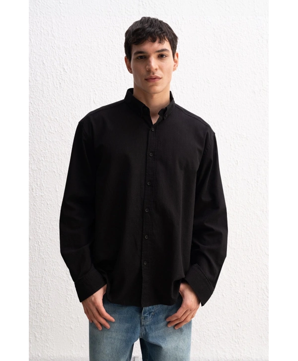 Erkek Owersize Fresh Keten Gömlek- Siyah