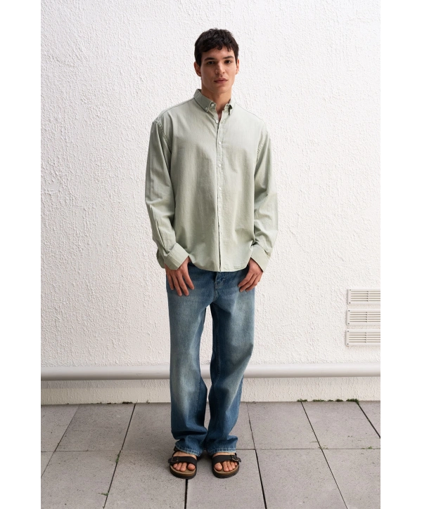 Erkek Owersize Fresh Keten Gömlek- Su Yeşili