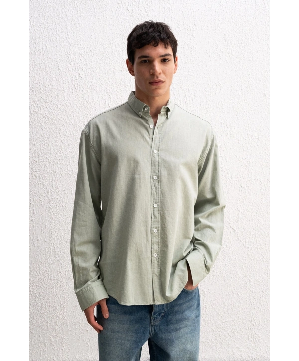 Erkek Owersize Fresh Keten Gömlek- Su Yeşili