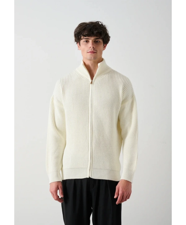 Erkek Owersize Hakim Yaka Fermuarlı Hırka -Beyaz