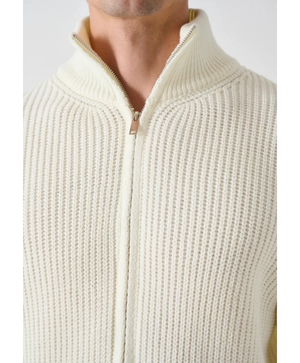 Erkek Owersize Hakim Yaka Fermuarlı Hırka -Beyaz