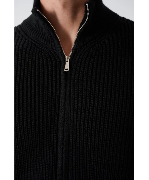 Erkek Owersize Hakim Yaka Fermuarlı Hırka -Siyah