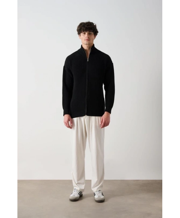 Erkek Owersize Hakim Yaka Fermuarlı Hırka -Siyah