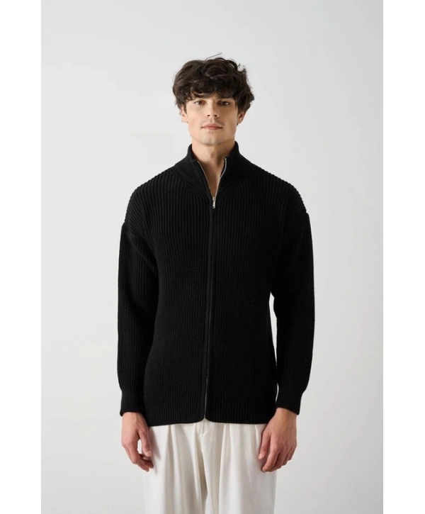 Erkek Owersize Hakim Yaka Fermuarlı Hırka -Siyah