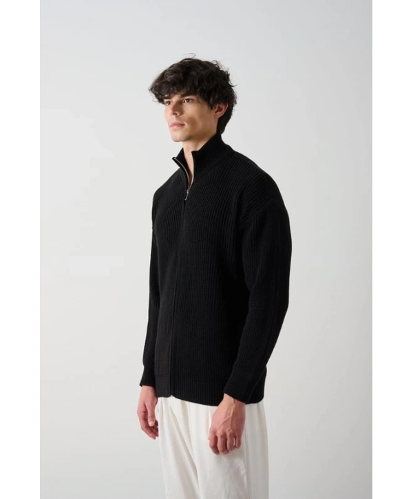 Erkek Owersize Hakim Yaka Fermuarlı Hırka -Siyah