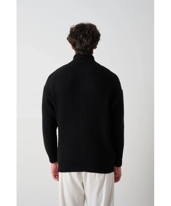 Erkek Owersize Hakim Yaka Fermuarlı Hırka -Siyah