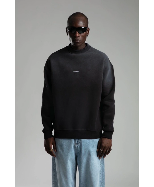 Erkek Owersize İçi Şardonlu Bisiklet Yaka Catch Yazılı Eskitme Sweatshirt - Gri