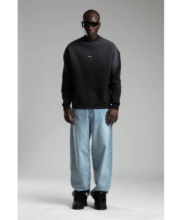 Erkek Owersize İçi Şardonlu Bisiklet Yaka Catch Yazılı Eskitme Sweatshirt - Gri